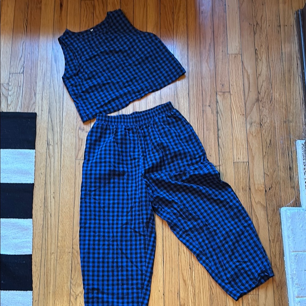 Blue and Black Gingham Two Piece Matching Set - 100% cotton size medium